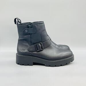 UGG Boots Womens 9 Black Leather Biker Ankle Buckle Zip Lug Sole Booties Shoes